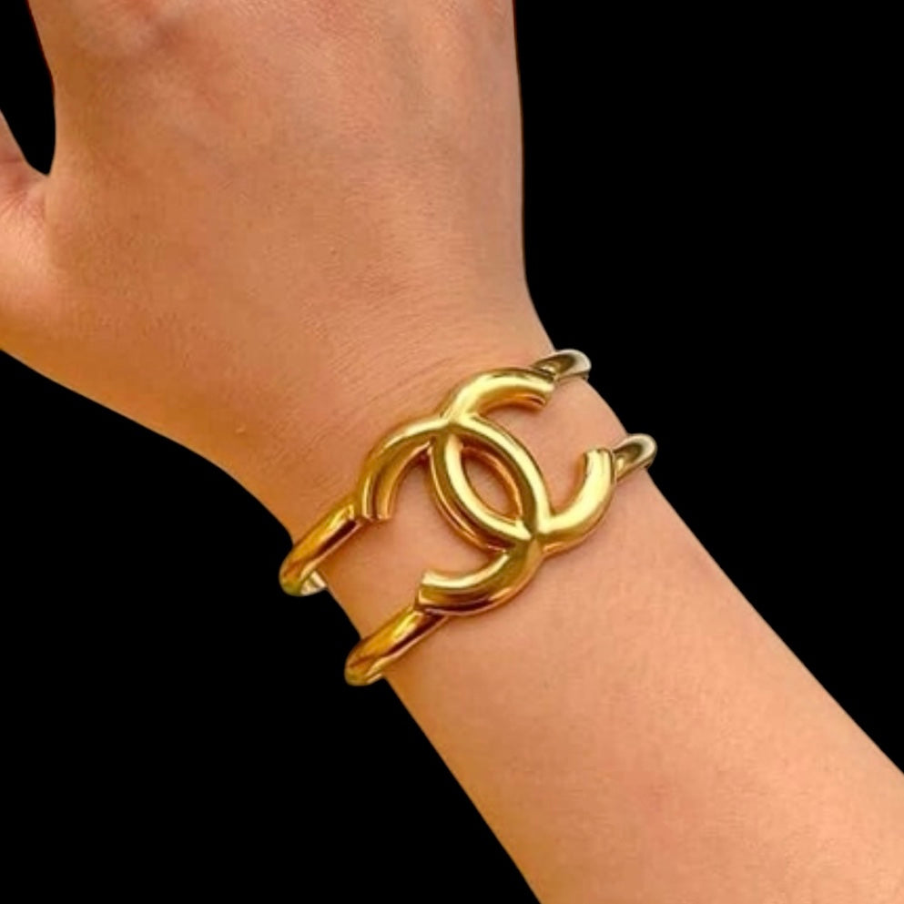 Chanel Vintage 1997 97A CC Gold Tone Bangle Cuff Bracelet