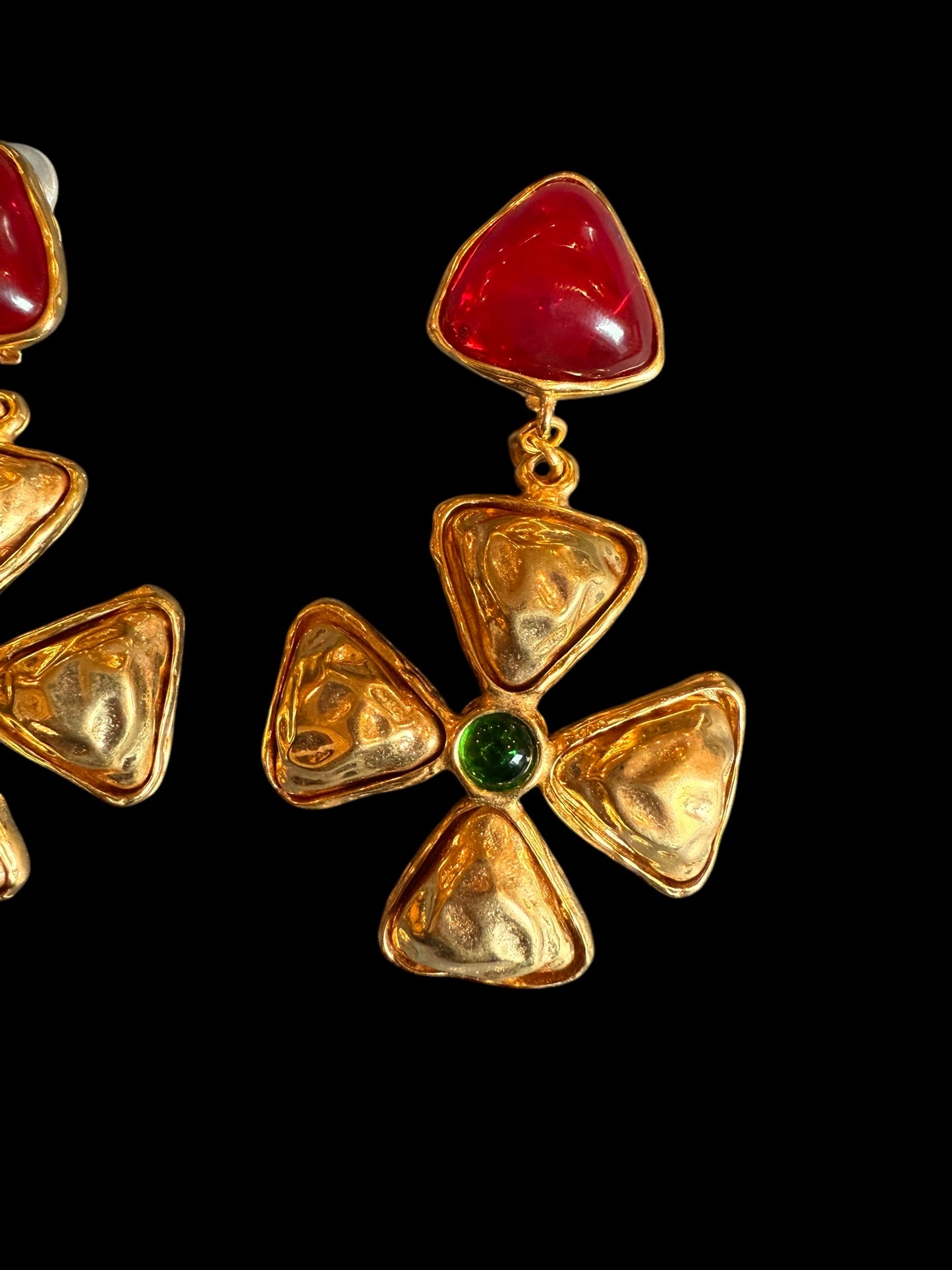 Chanel 70s-80s Green Red Gripoix Maltese Cross Extra Large Jumbo Clip On Earrings
