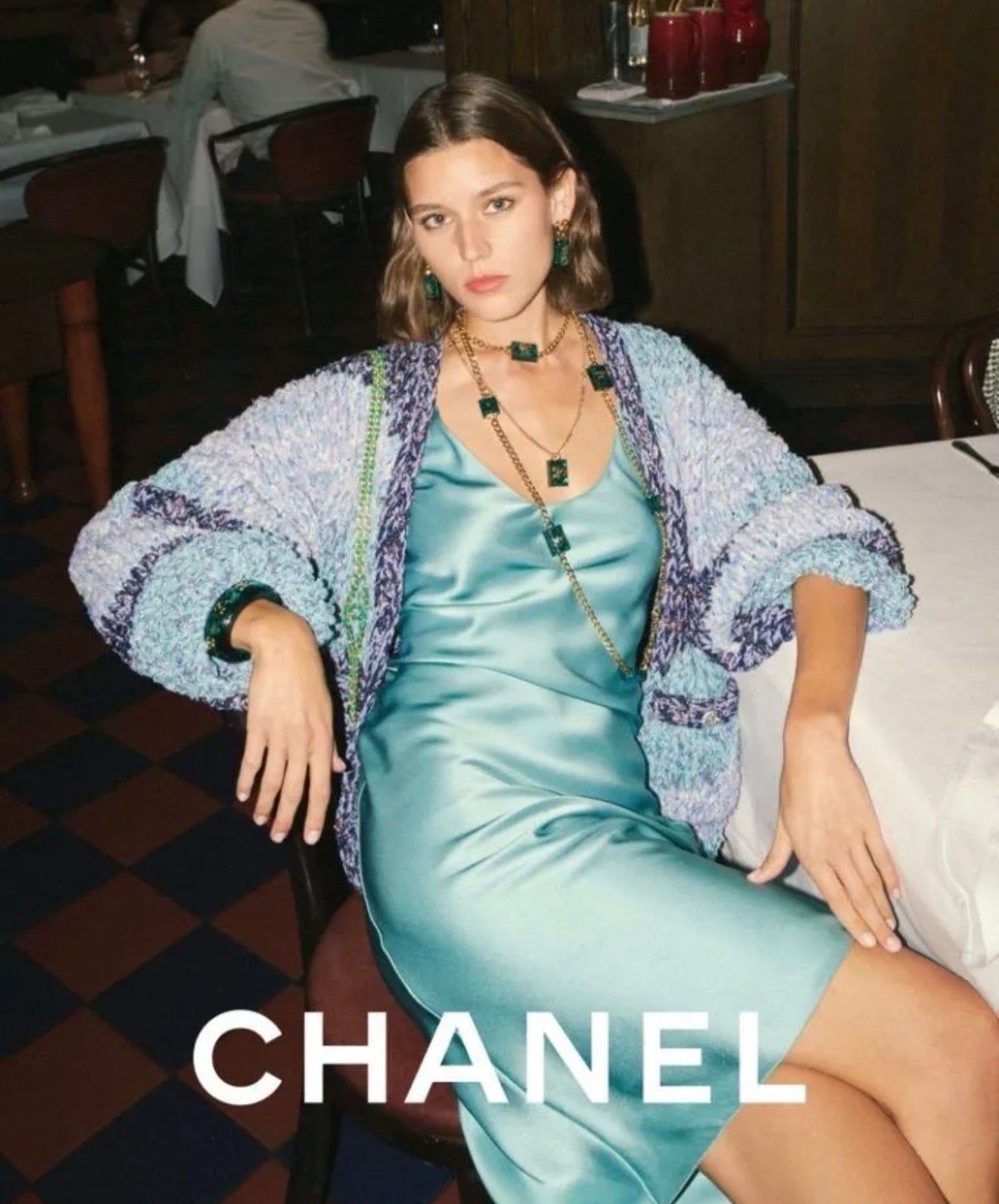 Chanel 2023 Emerald Green CC Square Gold Tone Necklace