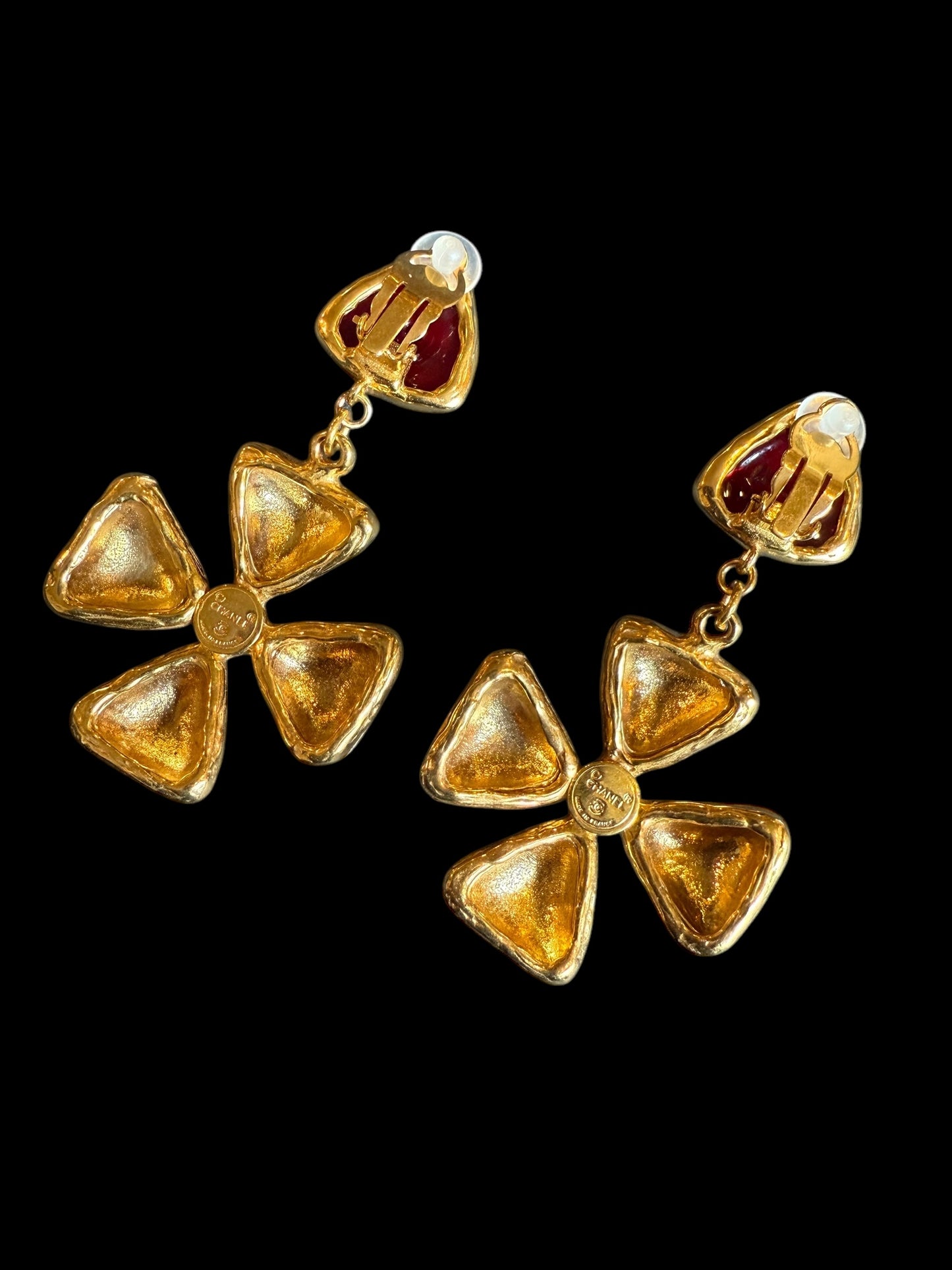 Chanel 70s-80s Green Red Gripoix Maltese Cross Extra Large Jumbo Clip On Earrings