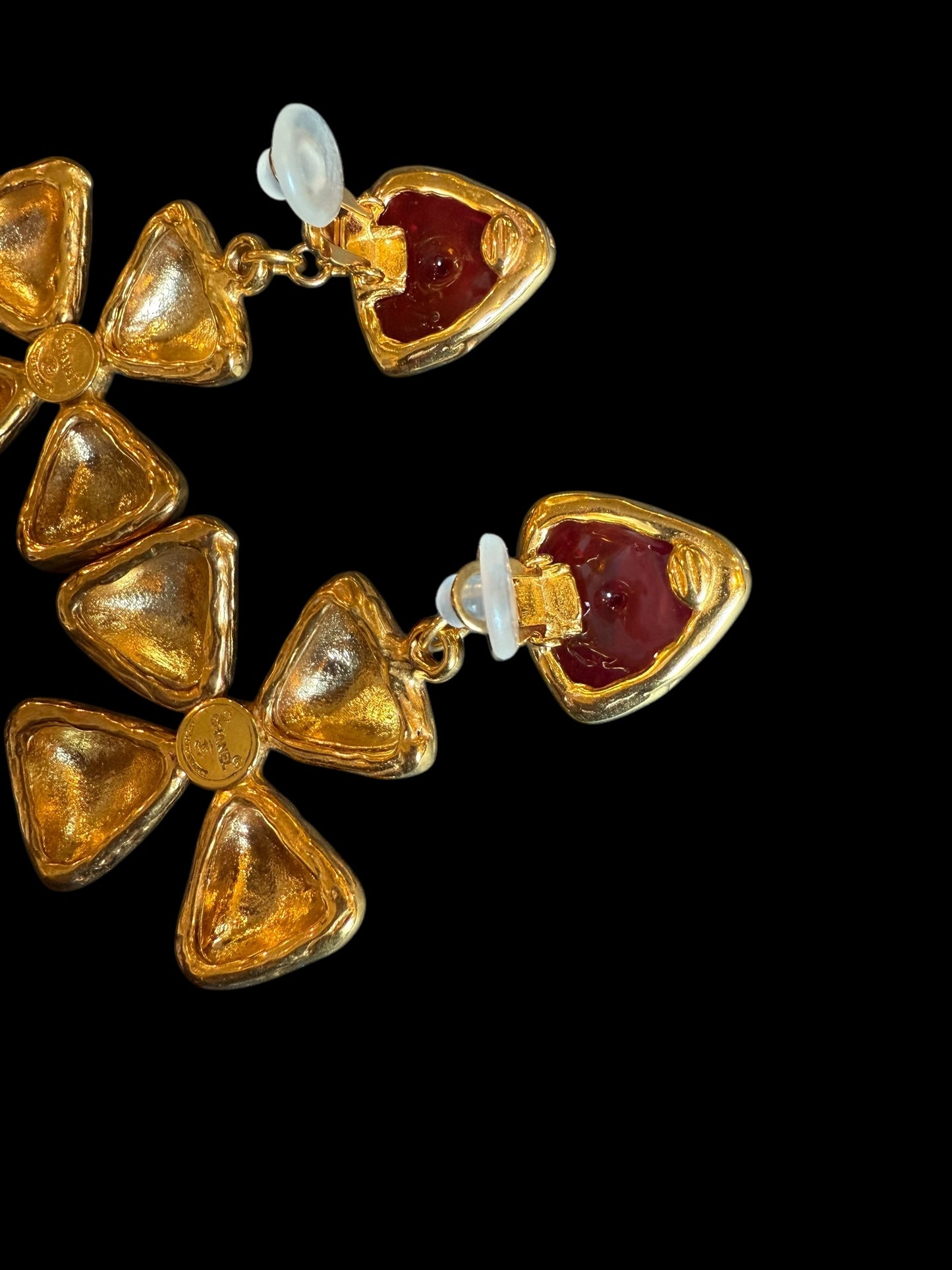 Chanel 70s-80s Green Red Gripoix Maltese Cross Extra Large Jumbo Clip On Earrings