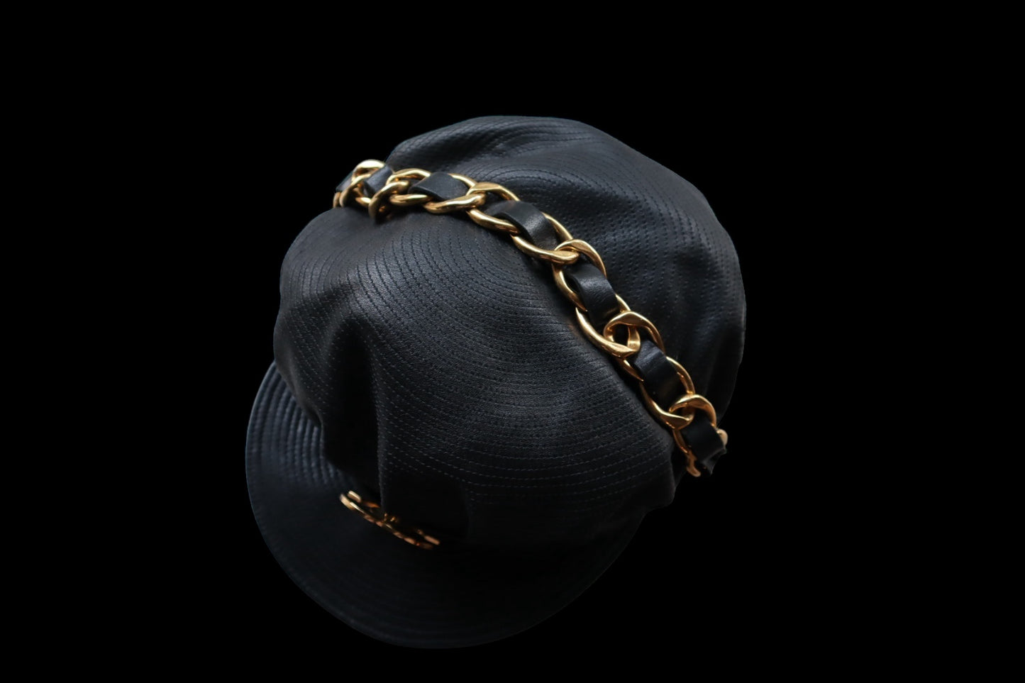 Chanel 1992 Runway Jumbo CC Black Leather Biker’s Hat Cap