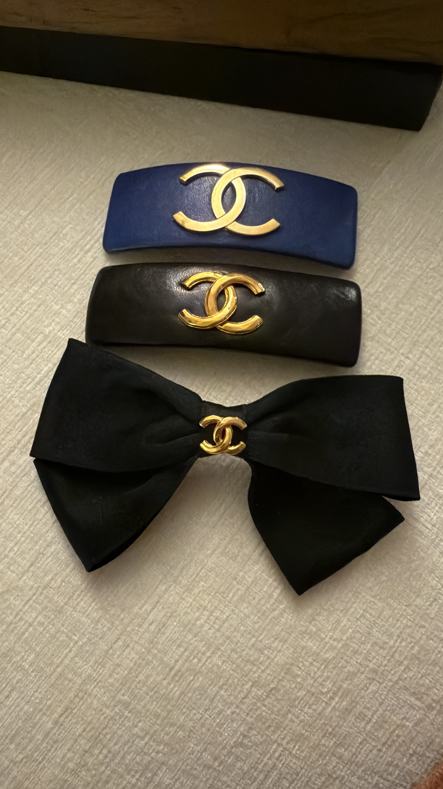 Chanel 80s Black Lambskin Leather Gold CC Long Barrette