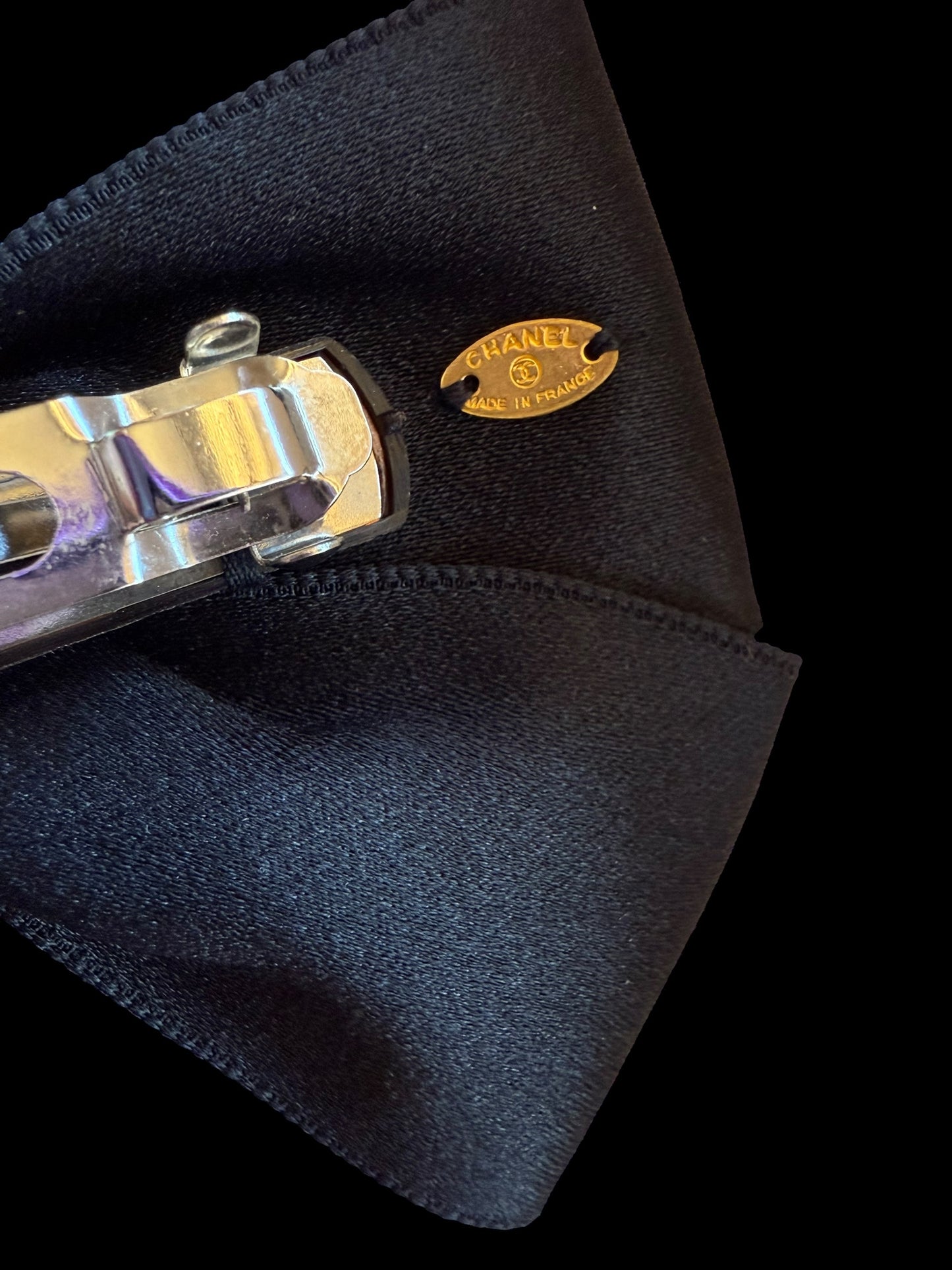 Chanel 80s-90s Black Satin Gold CC Bow Barrette