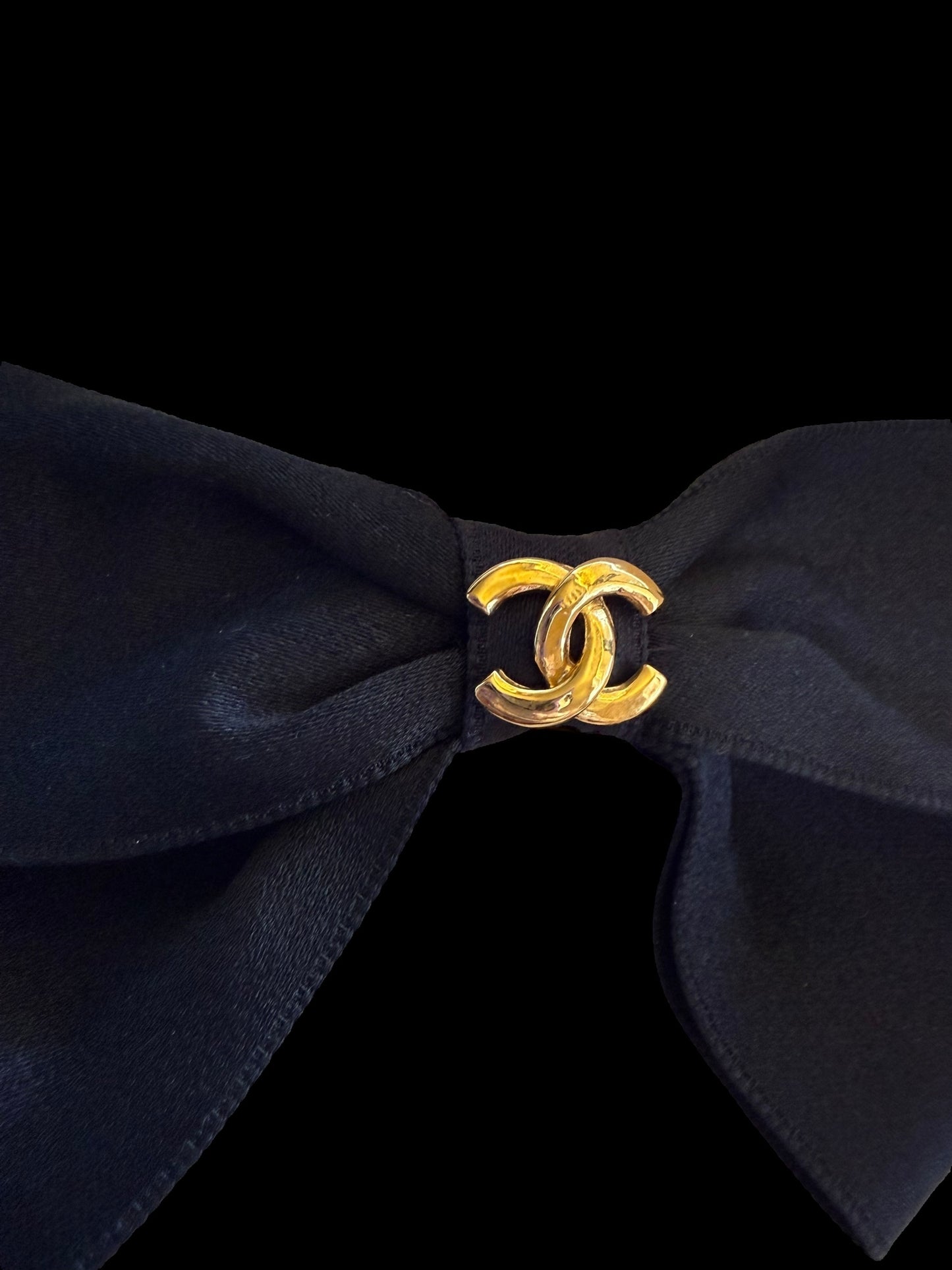 Chanel 80s-90s Black Satin Gold CC Bow Barrette