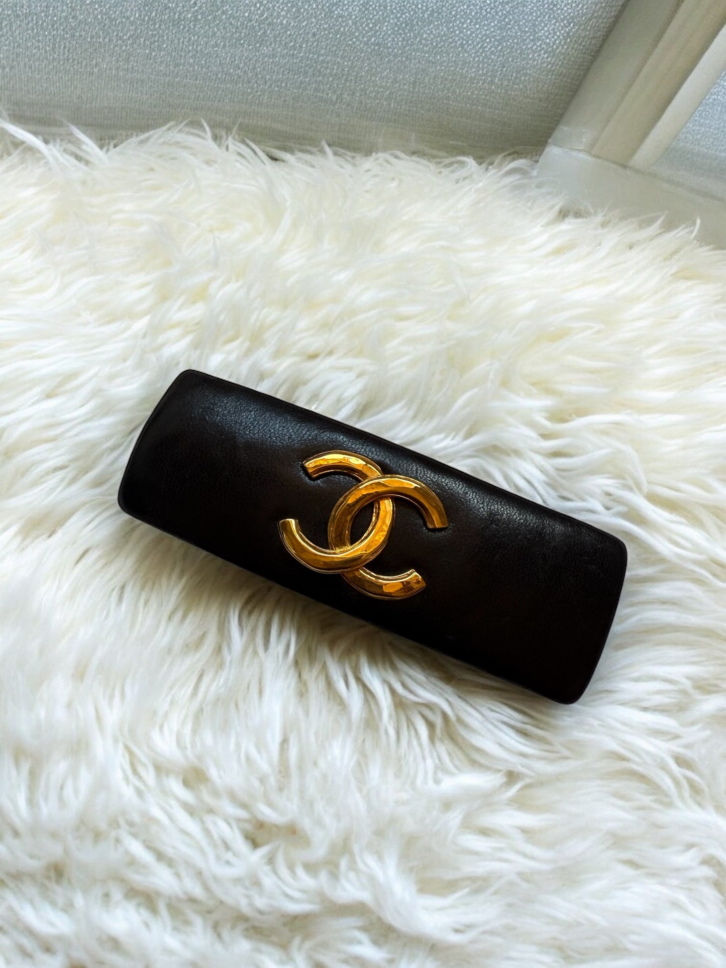 Chanel 80s Black Lambskin Leather Gold CC Long Barrette
