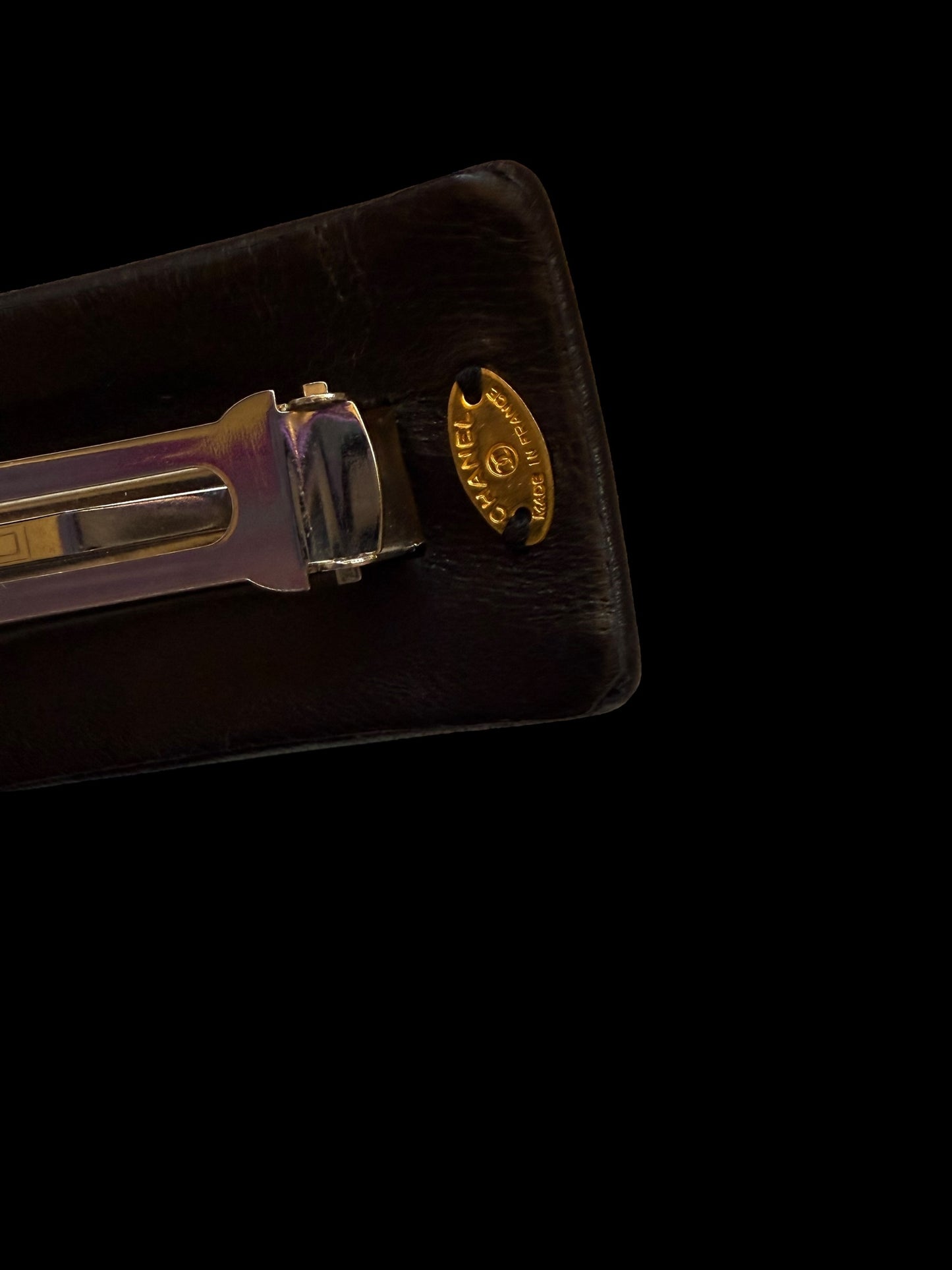 Chanel 80s Black Lambskin Leather Gold CC Long Barrette