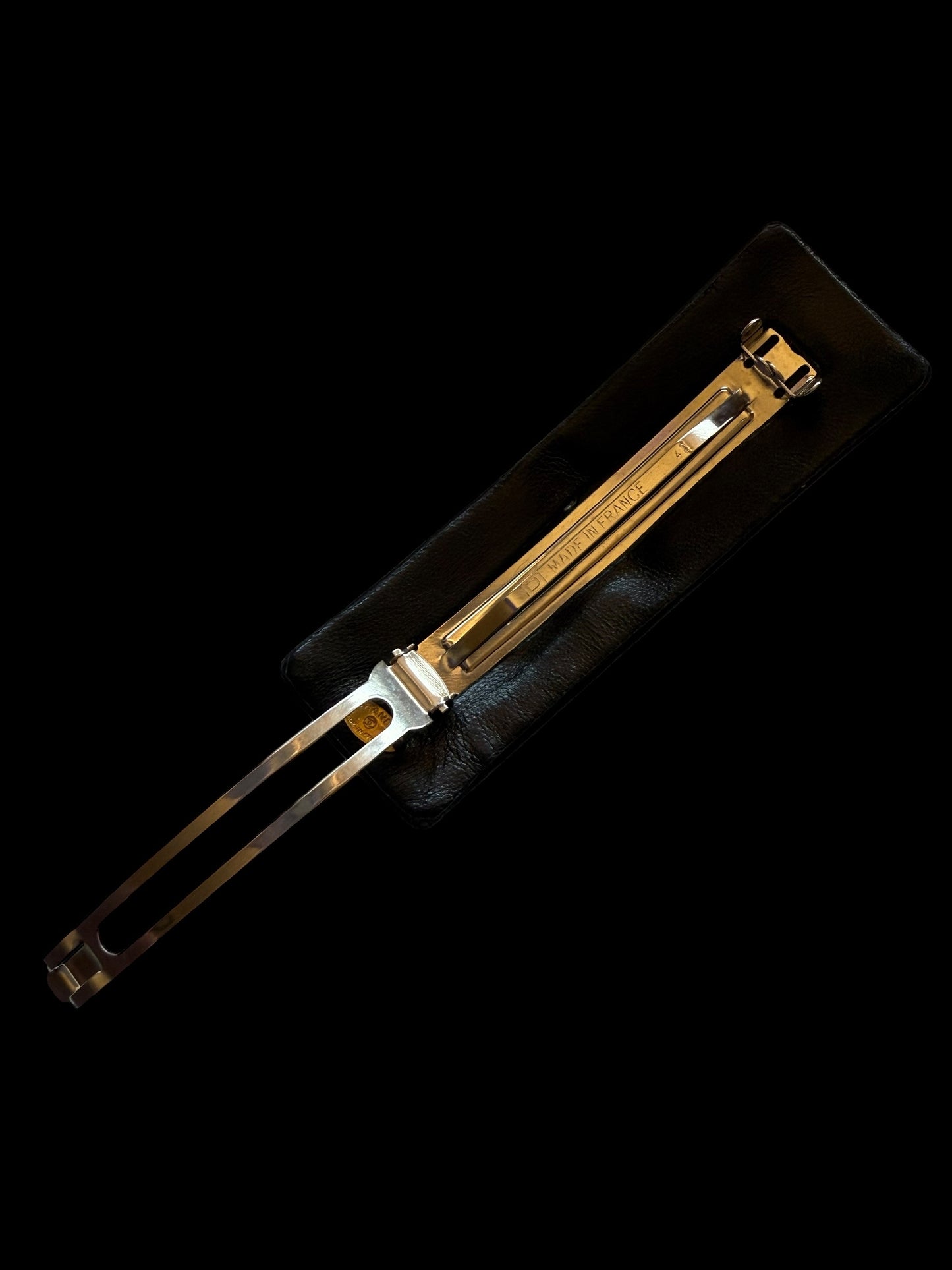 Chanel 80s Black Lambskin Leather Gold CC Long Barrette
