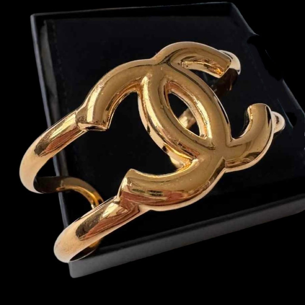 Chanel Vintage 1997 97A CC Gold Tone Bangle Cuff Bracelet