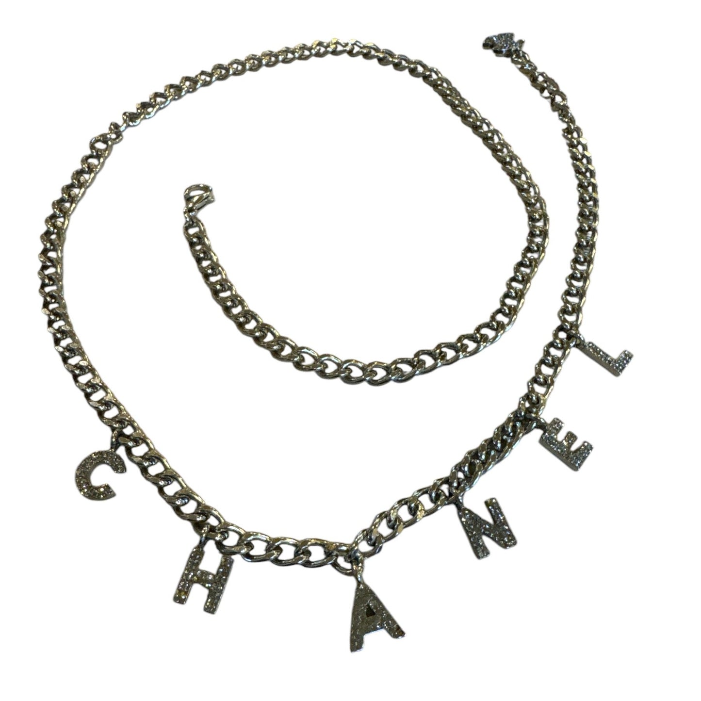 Chanel Vintage 2002 Letter Logo Rhinestone CC Silver Tone Long Necklace Chain Belt