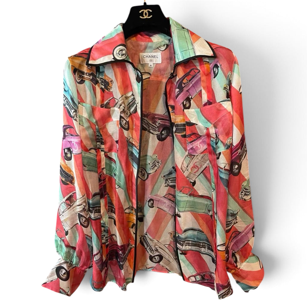 Chanel 2017 Coco Cuba Runway Car Print Button Up Shirt Sz 36