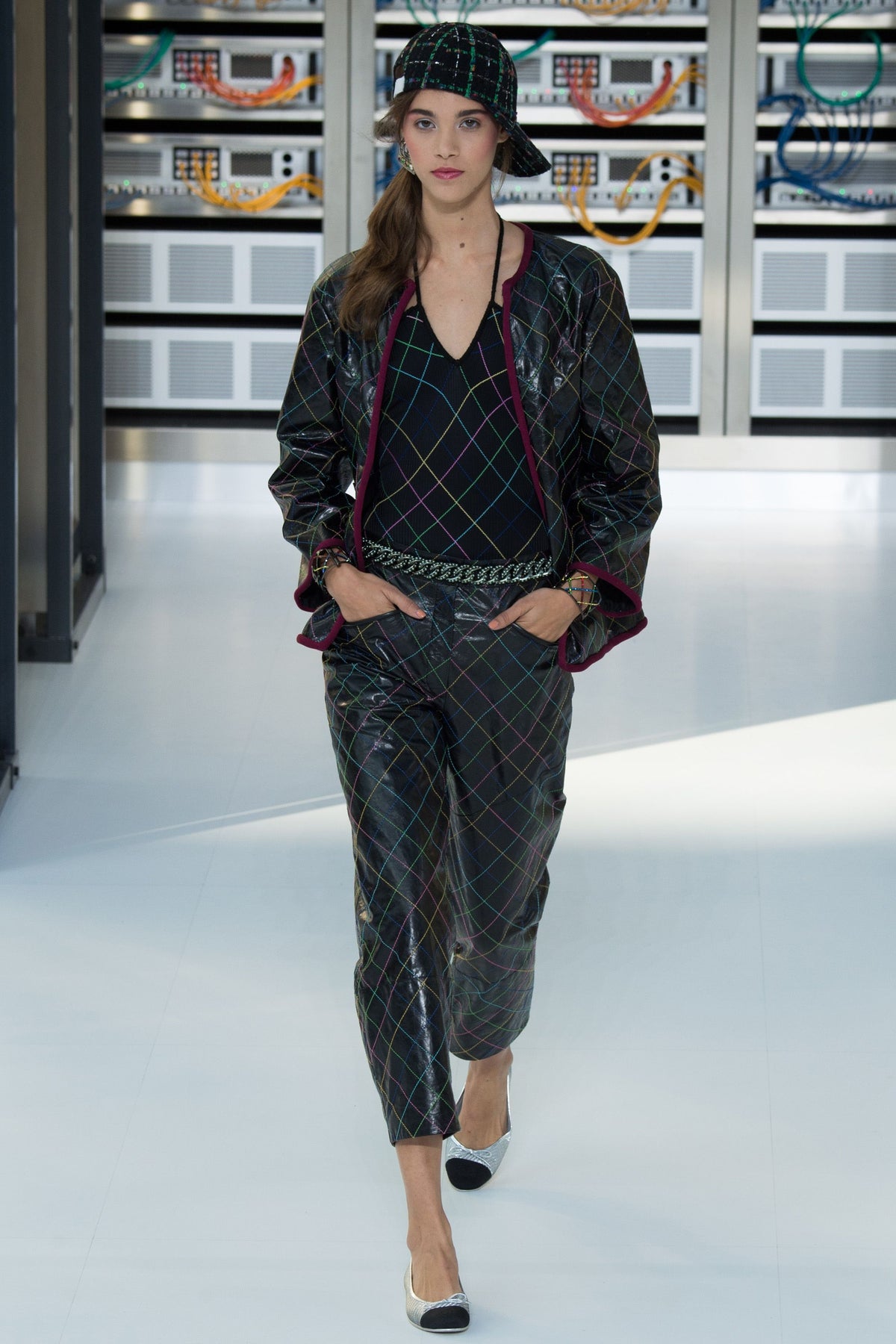 Chanel 2017 Data Center Runway Black Quilted Lambskin Leather Jacket Sz 38