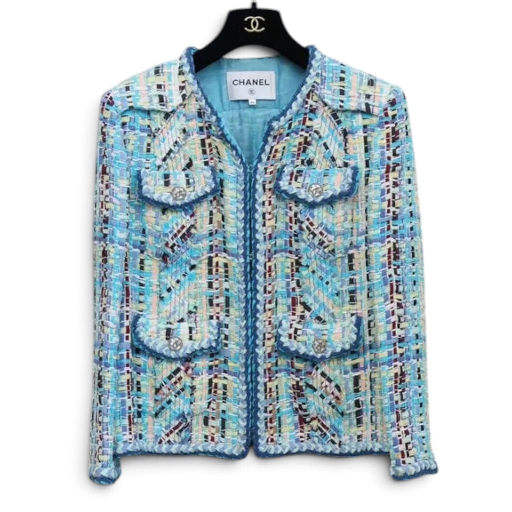 Chanel 2017 CoCo Cuba Runway Blue Lesage Silk Braided Tweed Jacket Sz 40