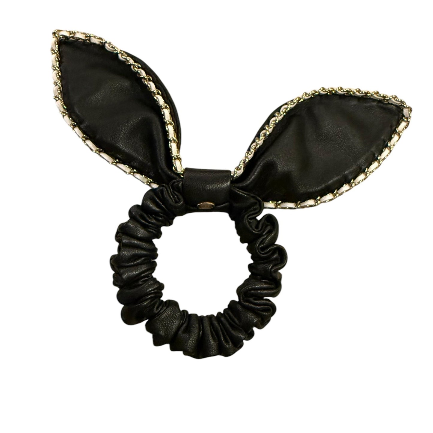 Chanel 2022 Black Leather Bow Chain CC Scrunchie Hair Tie