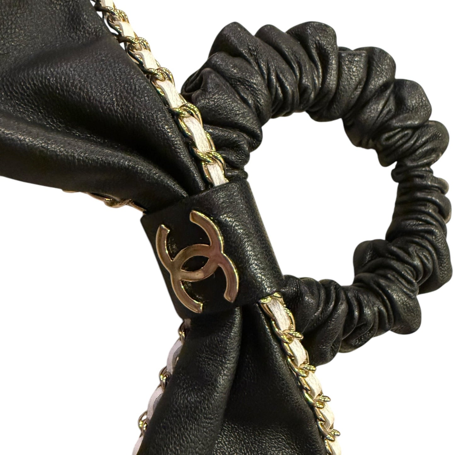 Chanel 2022 Black Leather Bow Chain CC Scrunchie Hair Tie