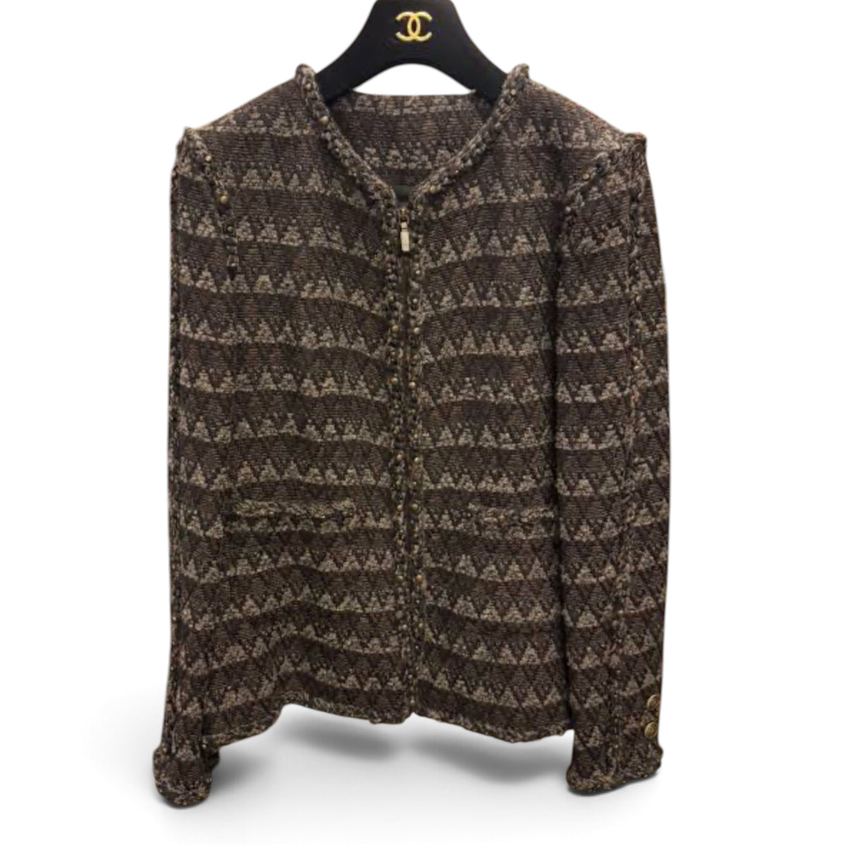 Chanel 2014 Paris Dallas Charcoal Brown Geometric Tweed Jacket with Studded Braided Trim Sz 36