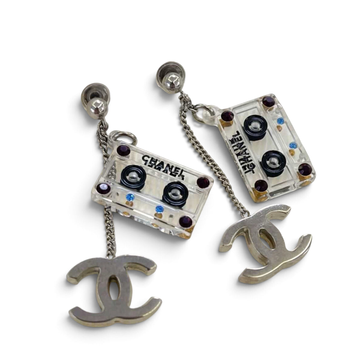 Chanel 2004 Cassette Tape Double CC Dangle Pierced Earrings