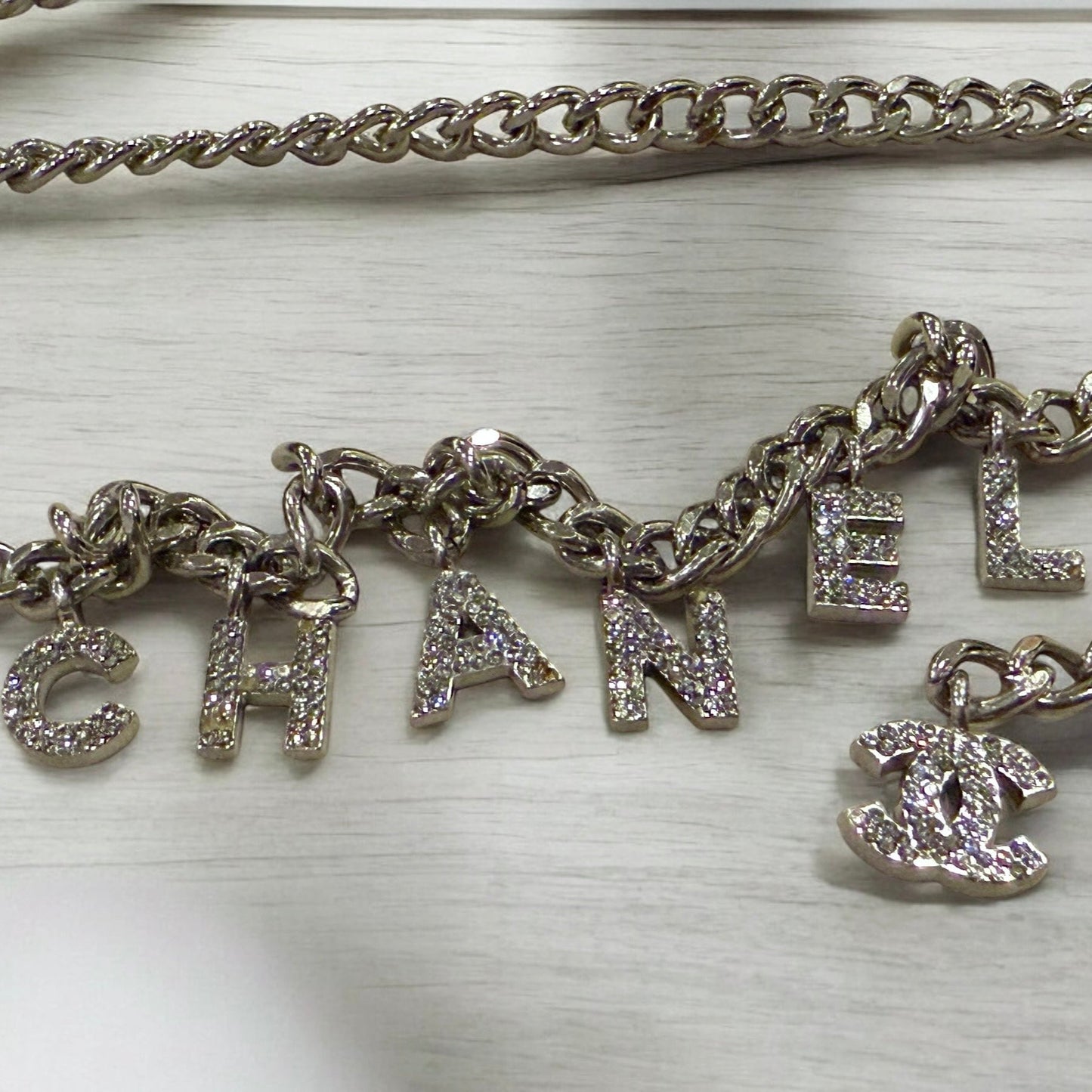 Chanel Vintage 2002 Letter Logo Rhinestone CC Silver Tone Long Necklace Chain Belt