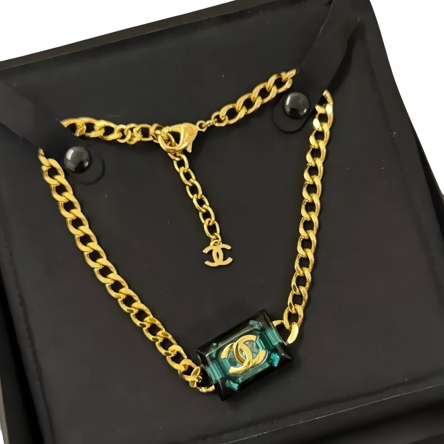 Chanel 2023 Emerald Green CC Square Gold Tone Necklace