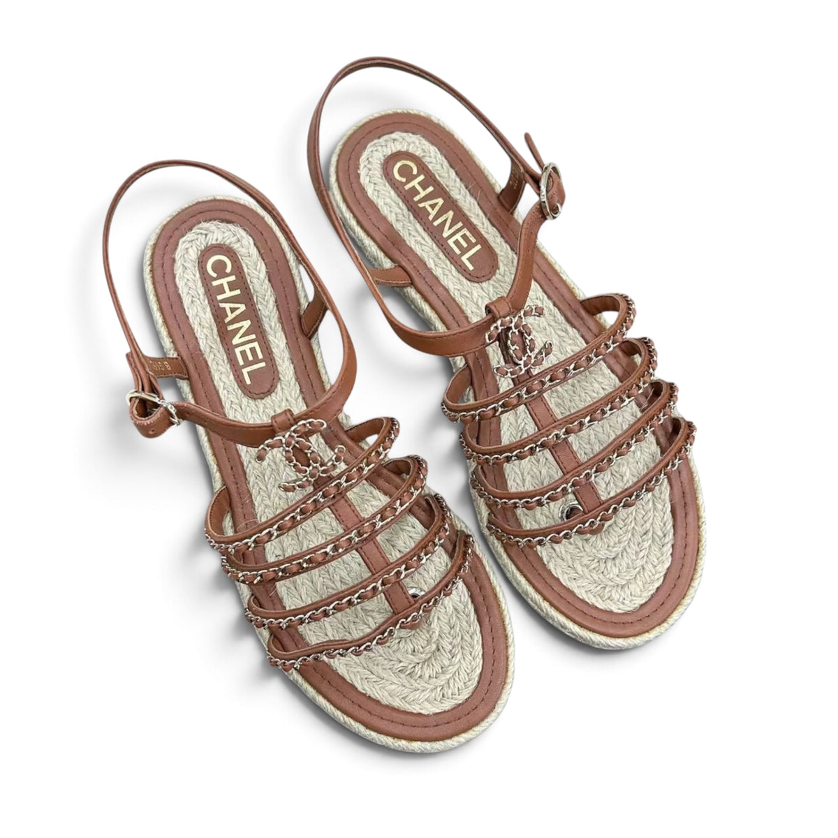 Chanel 2024 Brown Leather Chain Cork Sandals Espadrilles