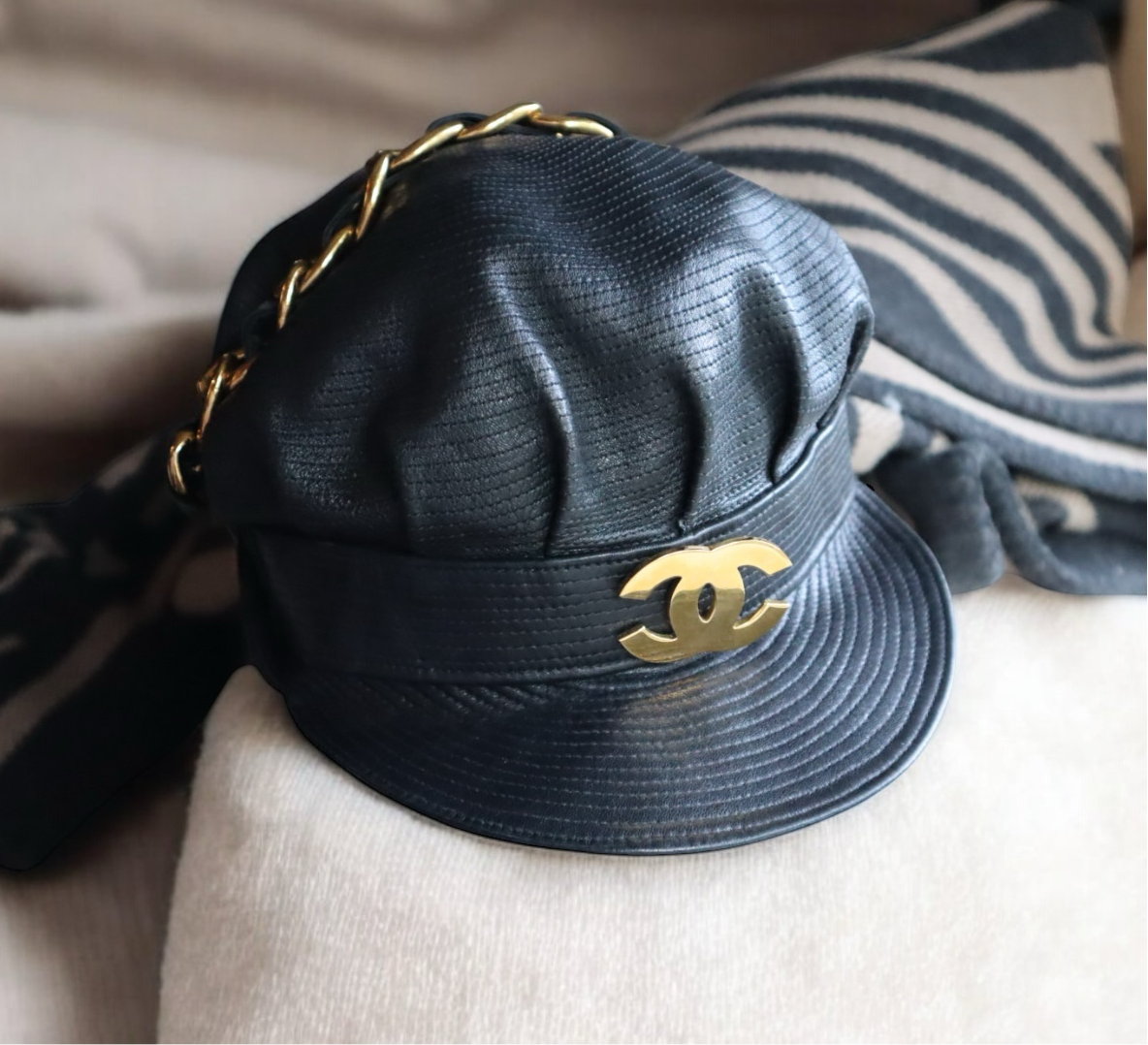 Chanel 1992 Runway Jumbo CC Black Leather Biker’s Hat Cap