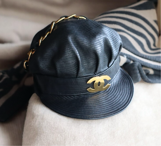 Chanel 1992 Runway Jumbo CC Black Leather Biker’s Hat Cap