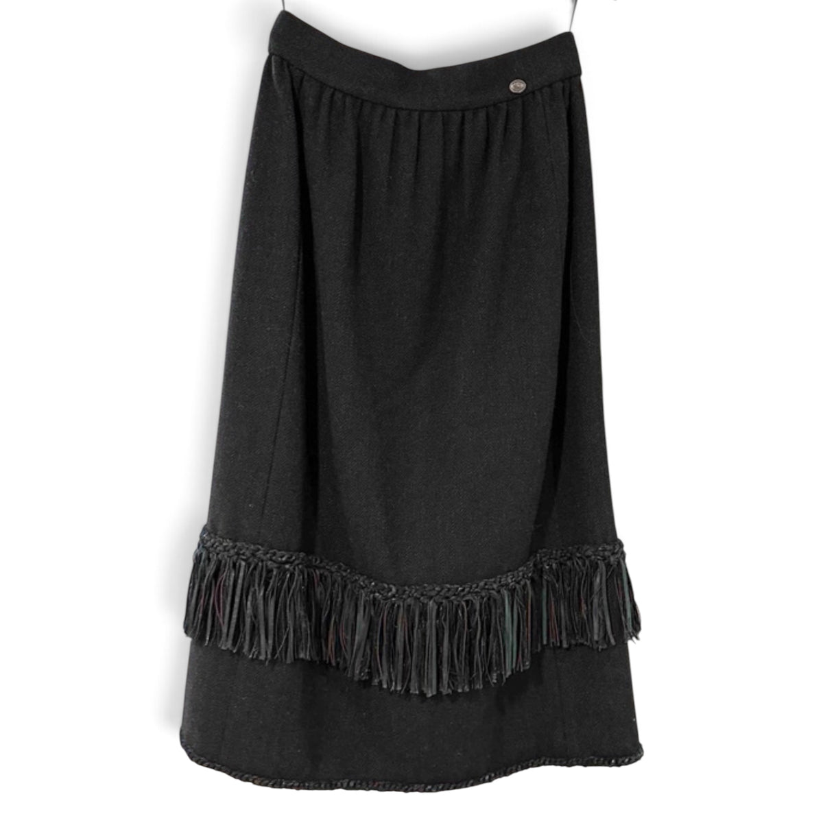 Chanel 2014 Paris Dallas Charcoal Tweed Leather Fringe Braided Trim Skirt Sz 38
