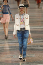 Chanel 2017 Paris-Cuba Runway Ivory Tweed Multicolor Trim Gold Button Jacket Sz 36