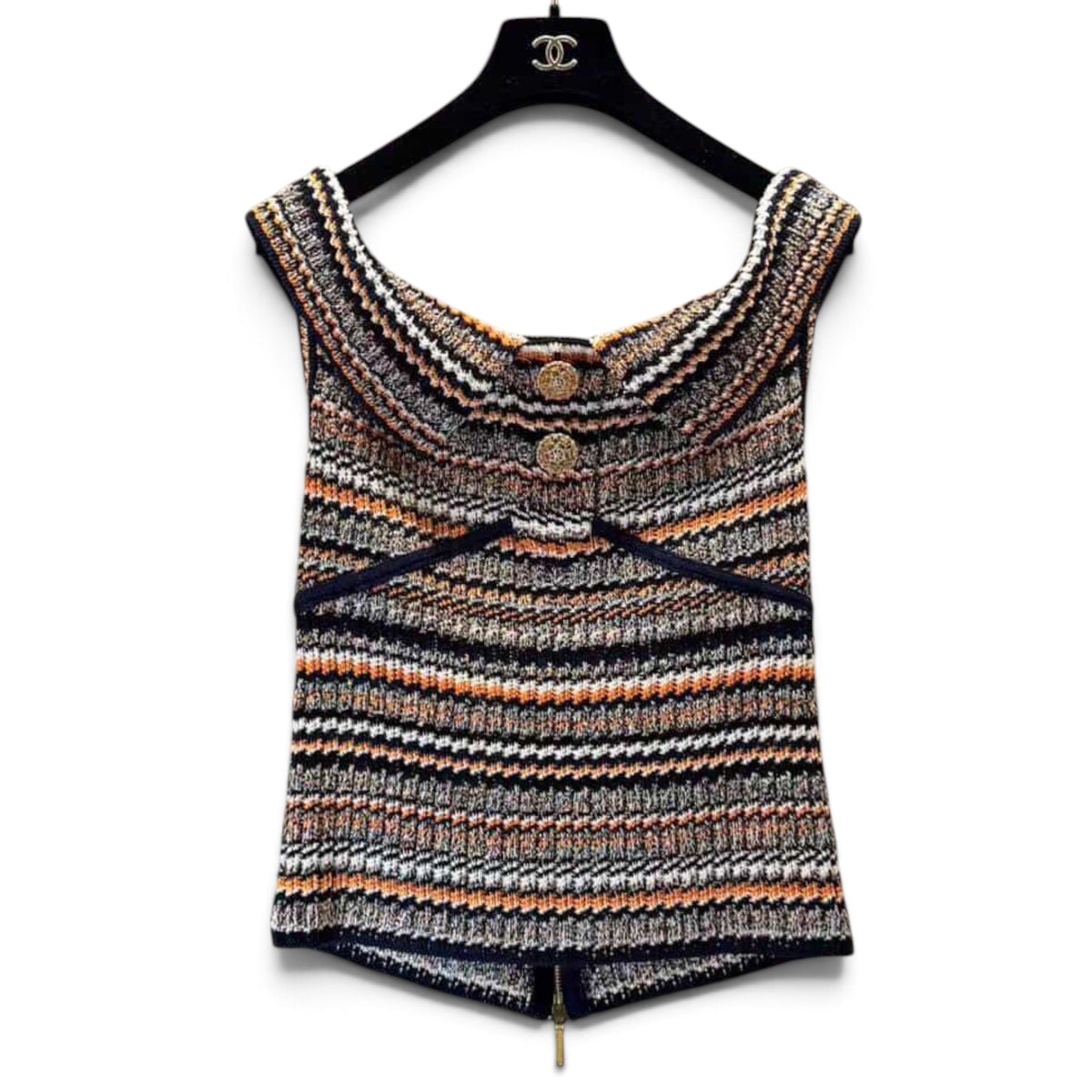 Chanel 2017 Coco Cuba Blue Multicolor Knit Sleeveless Top Sz 38