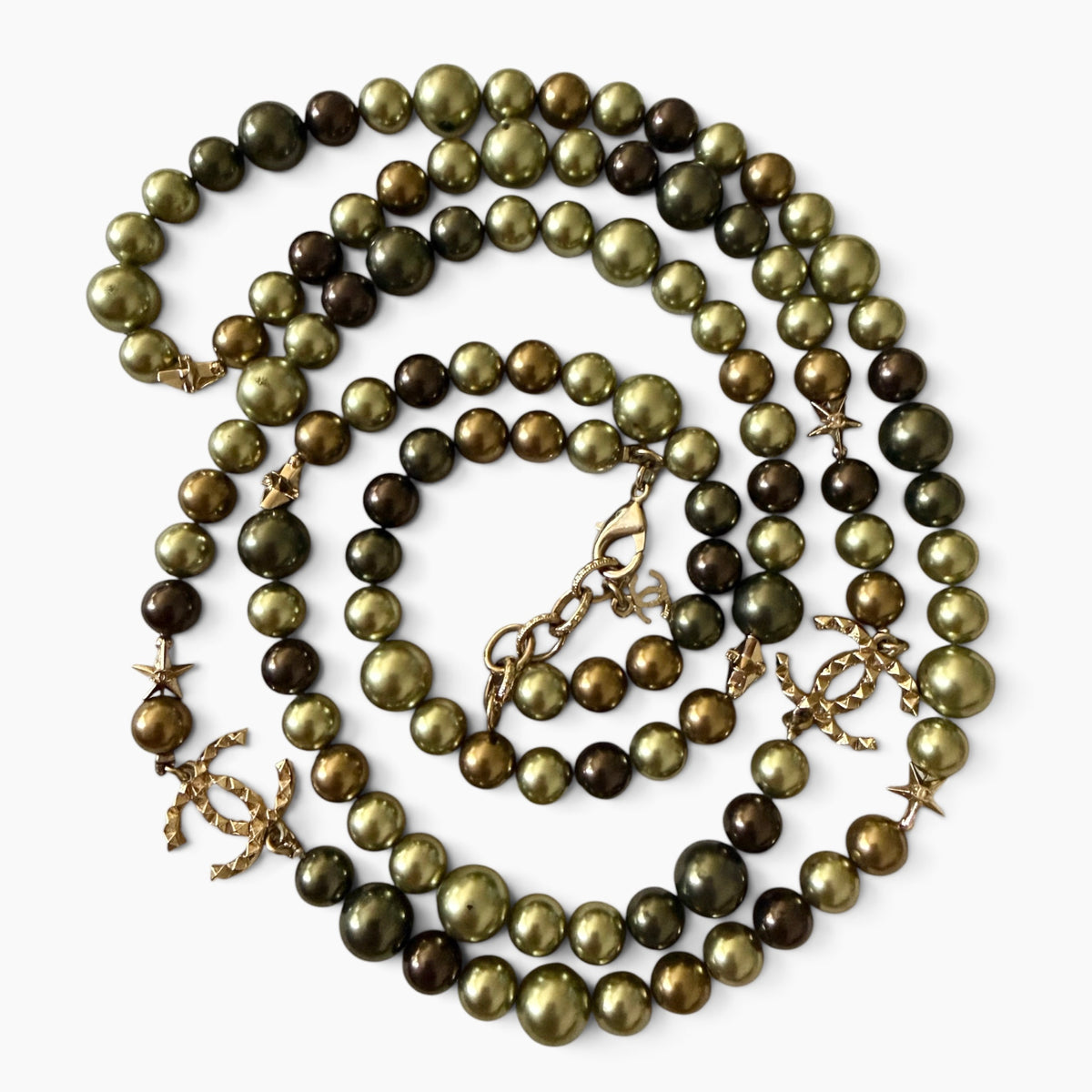 Chanel 2017 CoCo Cuba Metallic Star Gold Green Pearl Long Necklace