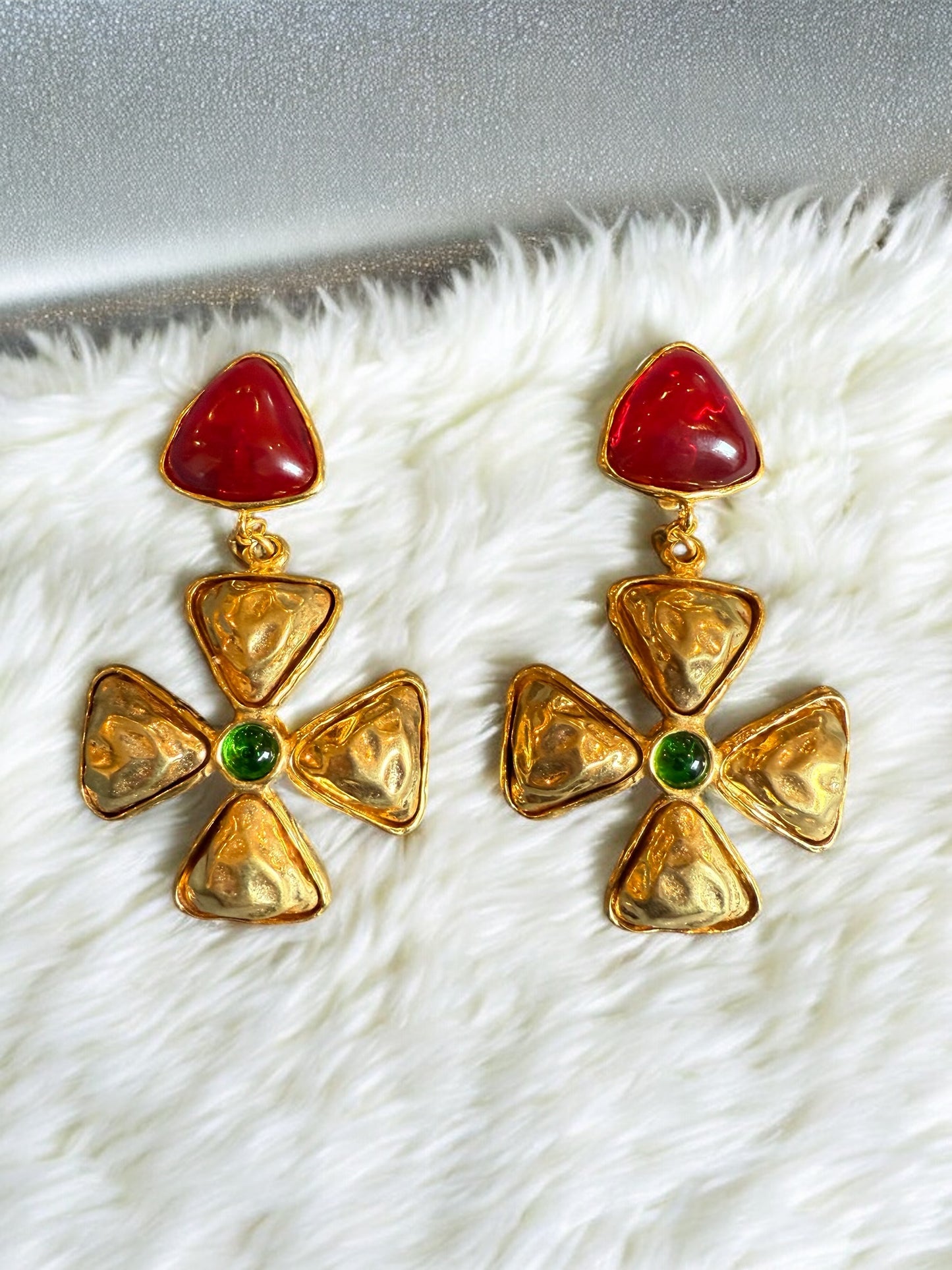 Chanel 70s-80s Green Red Gripoix Maltese Cross Extra Large Jumbo Clip On Earrings