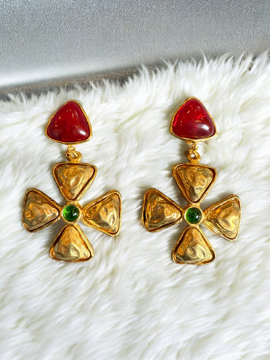Chanel 70s-80s Green Red Gripoix Maltese Cross Extra Large Jumbo Clip On Earrings