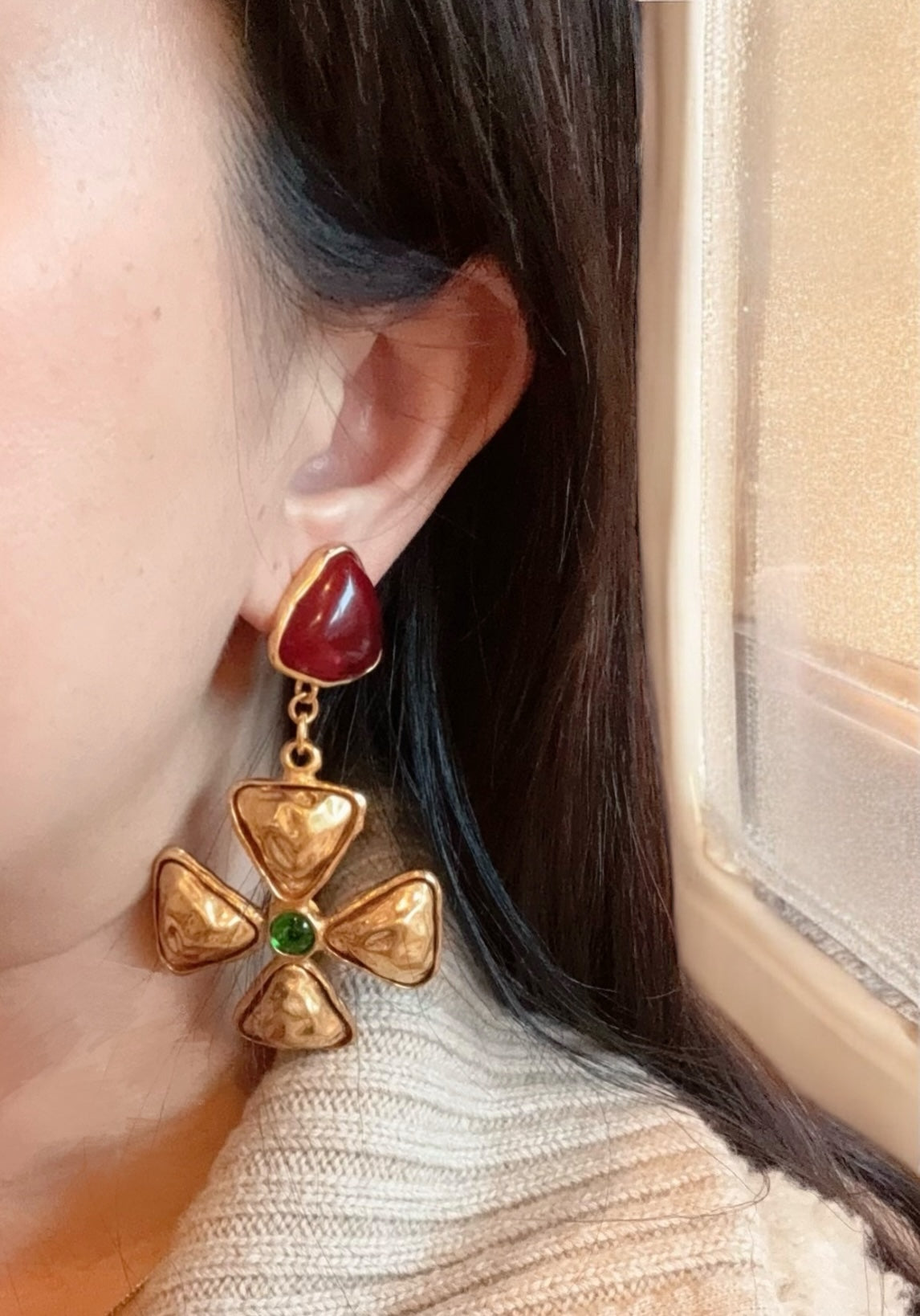 Chanel 70s-80s Green Red Gripoix Maltese Cross Extra Large Jumbo Clip On Earrings