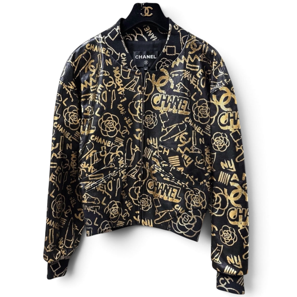 Chanel 2019 Metiers d'Art Graffiti Black Gold Bomber Leather Jacket