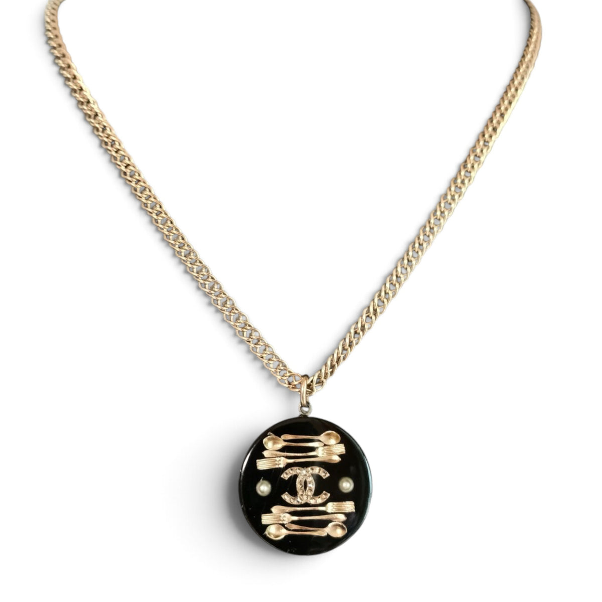 Chanel 2015 Brasserie Collection Fork Spoon Utensil CC Black Gold Small Necklace