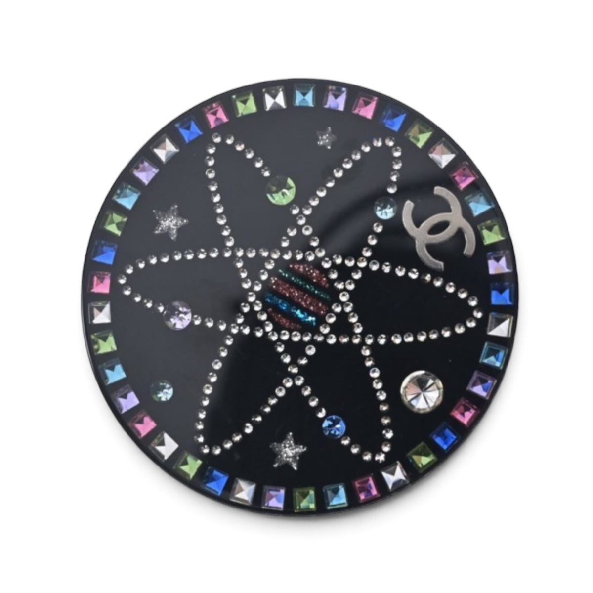 Chanel 2017 Cosmic Constellation Black Lucite Multicolor Crystal CC Starburst Brooch