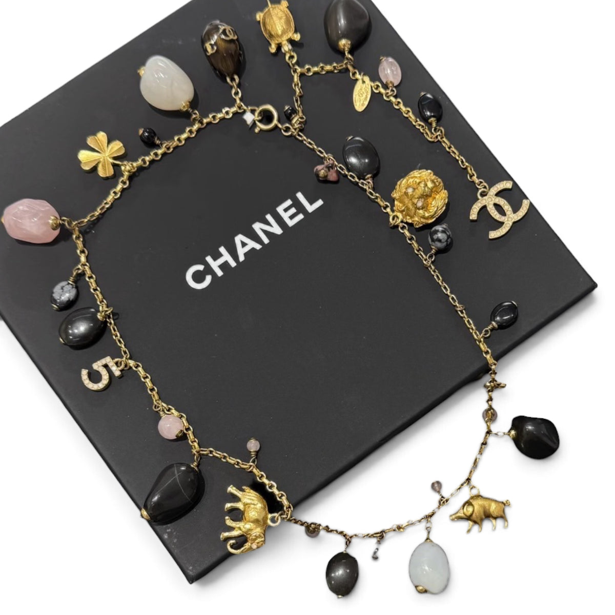 Chanel Vintage 2001 Gold Multicolor Natural Stone Crystal CC Lucky Charm Animal Necklace