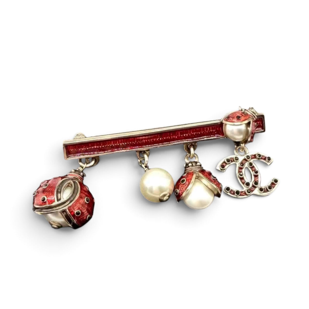 Chanel 2018 Ladybug Red Enamel Pearl Crystal CC Dangling Charm Bar Brooch