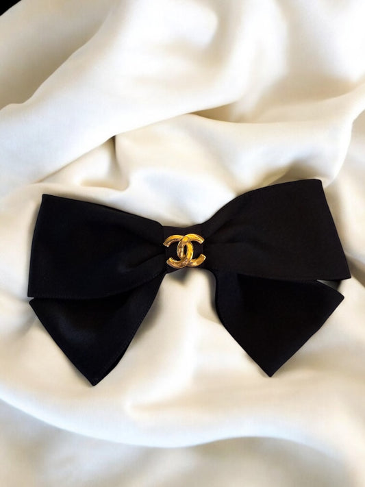 Chanel 80s-90s Black Satin Gold CC Bow Barrette