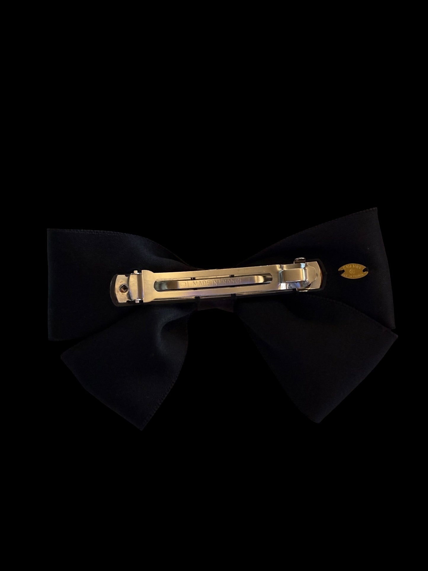 Chanel 80s-90s Black Satin Gold CC Bow Barrette