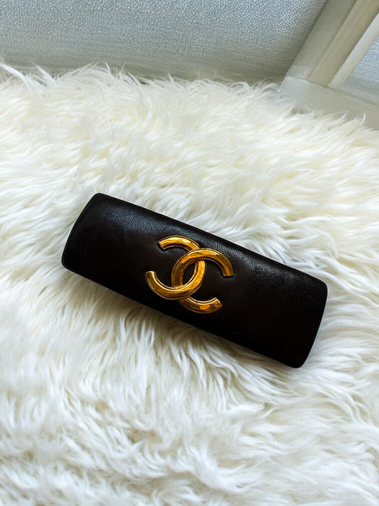 Chanel 80s Black Lambskin Leather Gold CC Long Barrette
