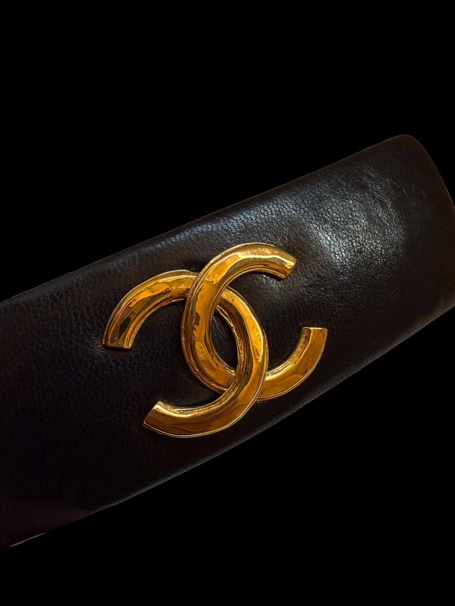 Chanel 80s Black Lambskin Leather Gold CC Long Barrette