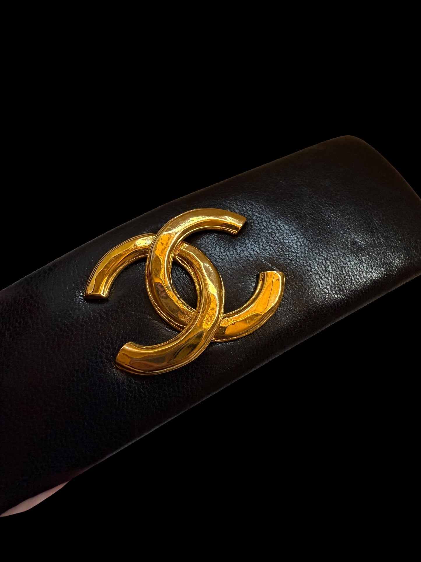Chanel 80s Black Lambskin Leather Gold CC Long Barrette