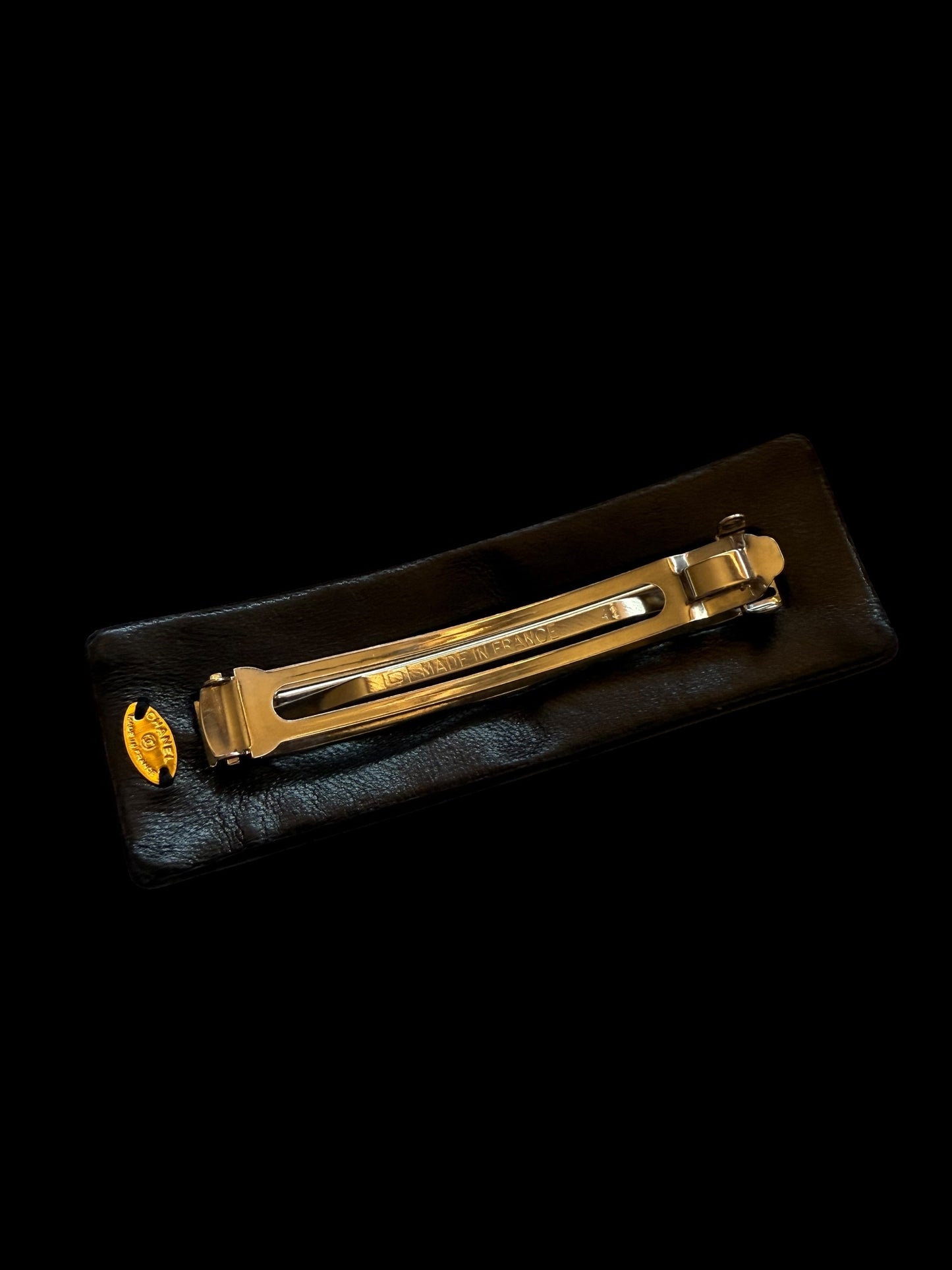 Chanel 80s Black Lambskin Leather Gold CC Long Barrette