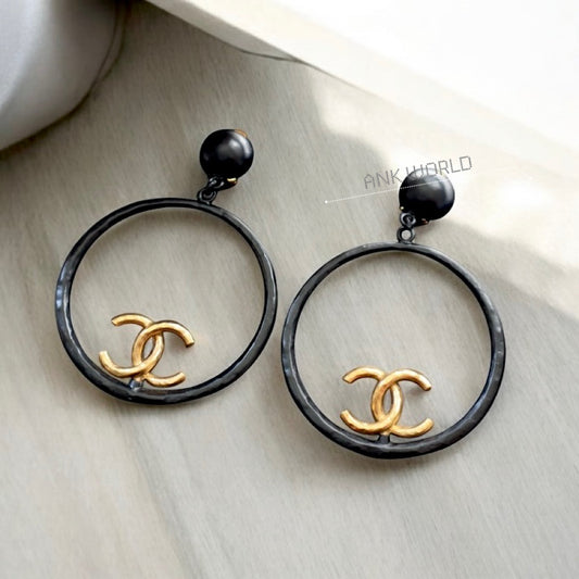 Chanel 1993 Runway Vintage Runway Black Gold XL Large Jumbo Hoop Earrings