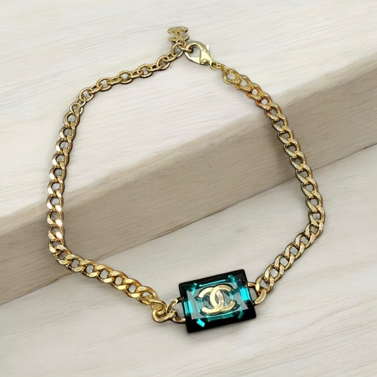 Chanel 2023 Emerald Green CC Square Gold Tone Necklace