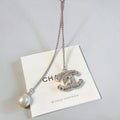 Chanel 2014 CC Crystals Silver Necklace w/ Pearl