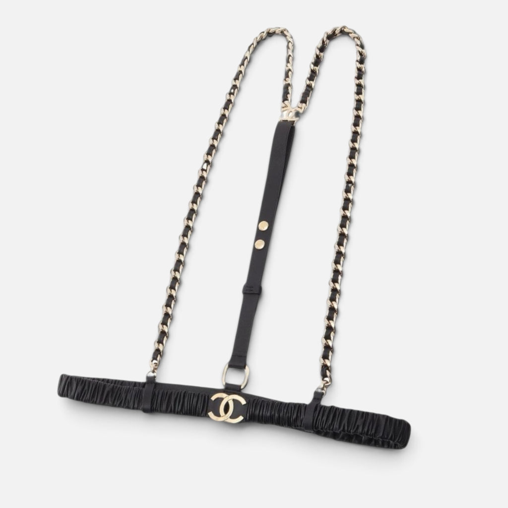 Chanel 2022 Black Leather CC Chain Belt Suspenders Sz 70