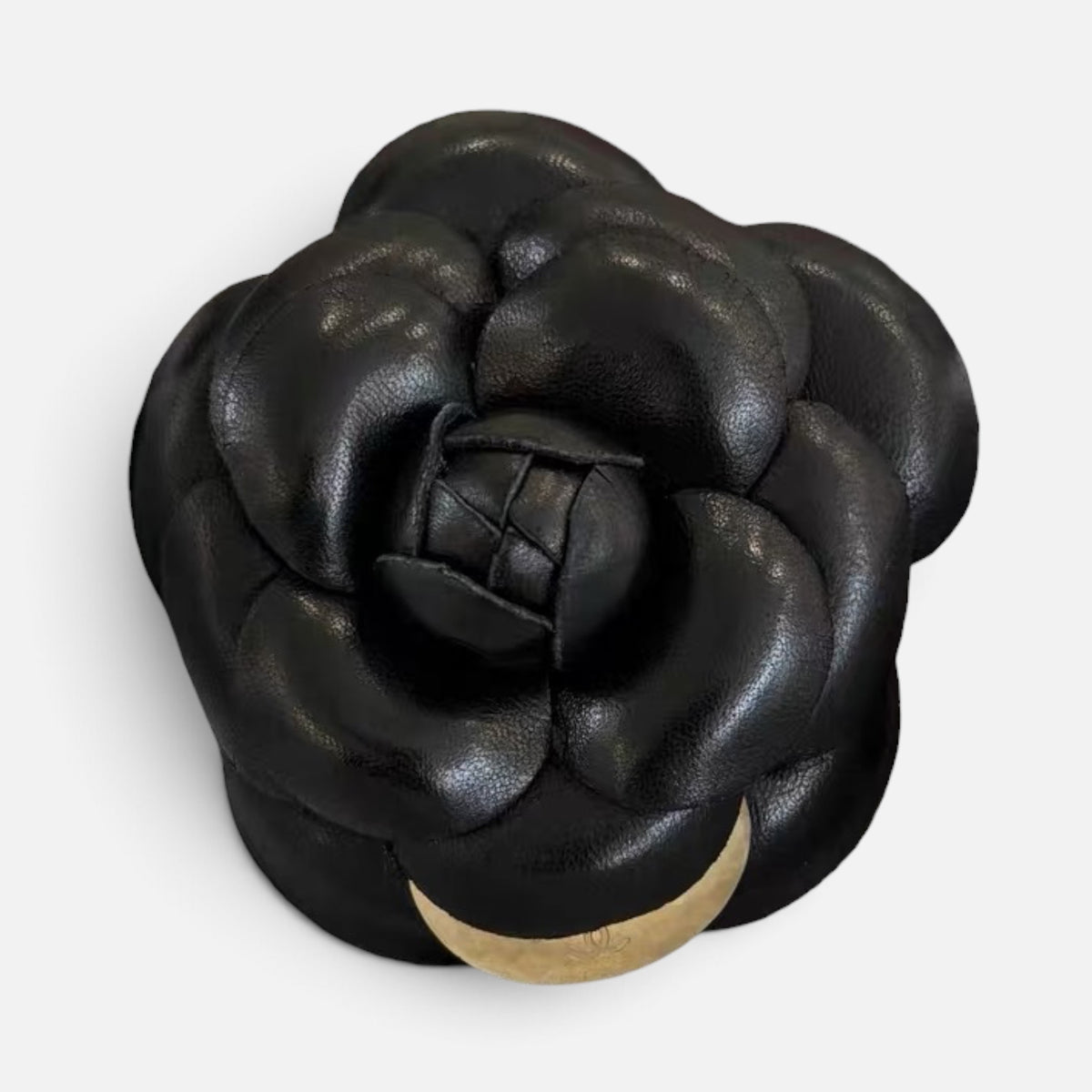 Chanel Vintage Black Leather Camellia CC Brooch