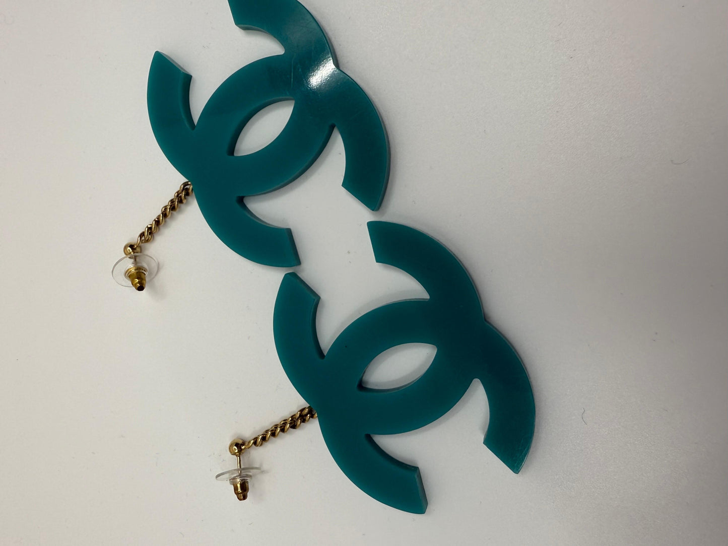 Chanel 2001 Vintage Teal Blue Green Jumbo CC Lucite XL Pierced Earrings
